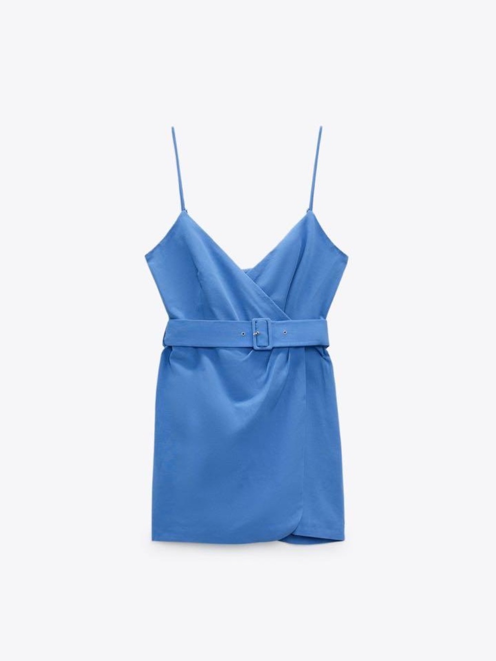 Zara Linen Blend Belted Mini Dress Blue Wrap V Neck Coastal Summer Chic - Picture 5 of 5